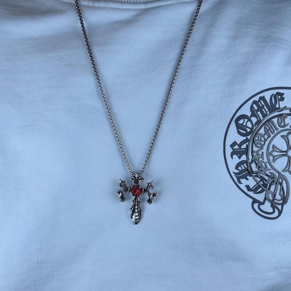 Silver Red Cross Necklace Stainless Steel Gothic Pendant 23 Inch Chain Mens